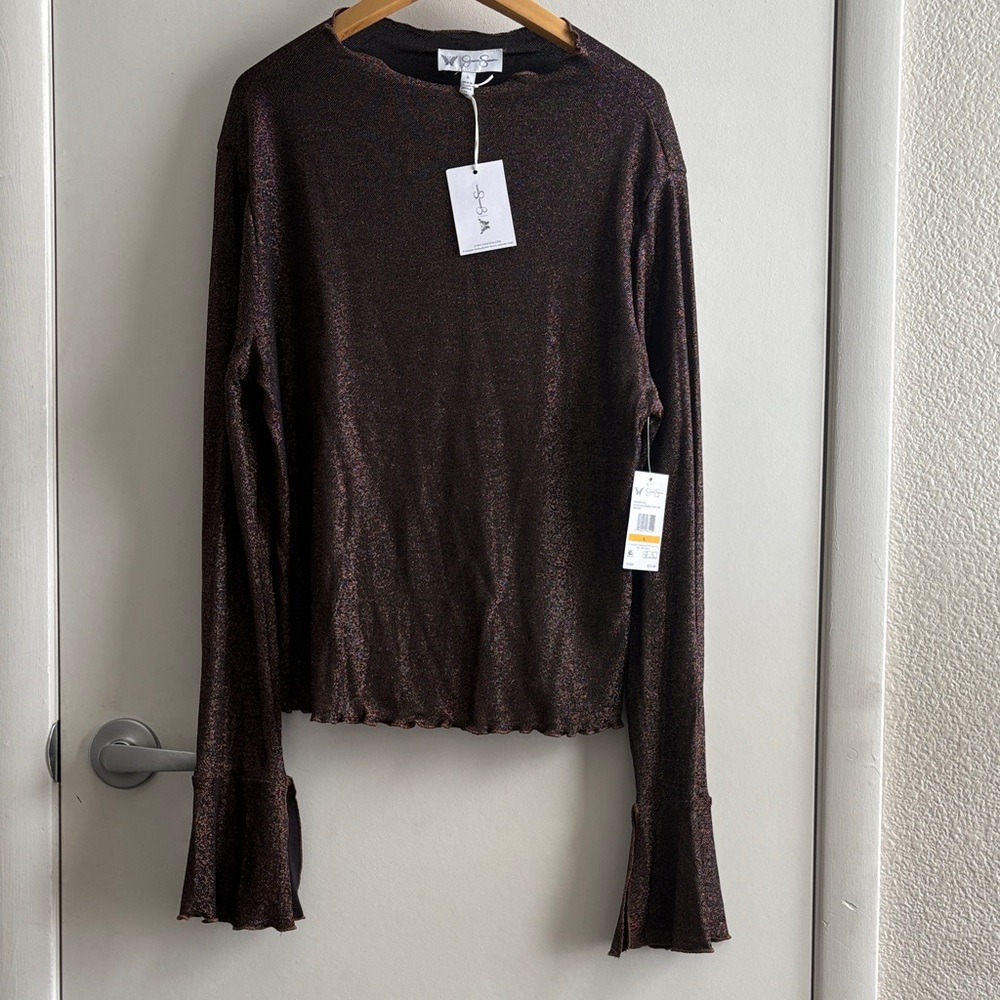 NWT Jessica Simpson Shimmering Dark Brown Gold Long  Bell Sleeve Flirty Top SZ L